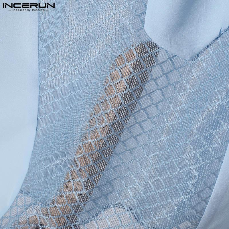 INCERUN Men Tie Lapel Neck Patchwork Hollow Buttons See Through Shirt Casual Long Sleeve Shirts