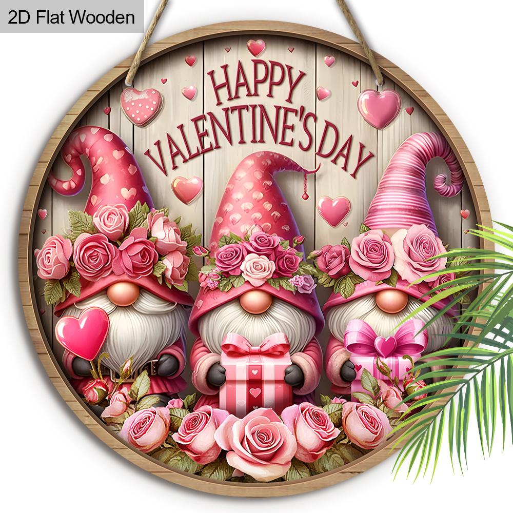 2D Flat Charming Valentine's Day Gnome Sign, 2D Pink Roses Wreath Sign, 7.87 Inch Wooden Round-shaped Hanging Wall or Door Decor, Holiday Party