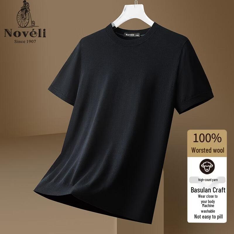 Lanweilong Men's 100% Pure Wool Machine Washable Crew Neck Short Sleeve T-Shirt