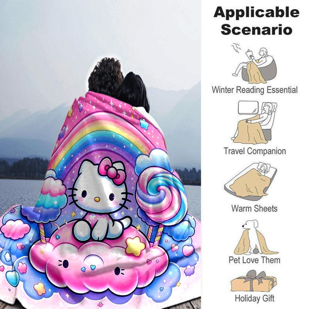 1pc Hello Kitty, Rainbow blanket Lightweight Flannel Throw for Sofa Bed Travel Camping Livingroom Office Couch Chair