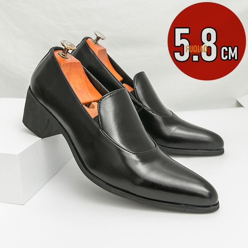 

Men s Dress Shoes Pointed Toe High Heel Loafers Business Formal Rubber Sole Slip-on Leather Shoes Increase 5.8cm Elevator Oxford 38 чёрный