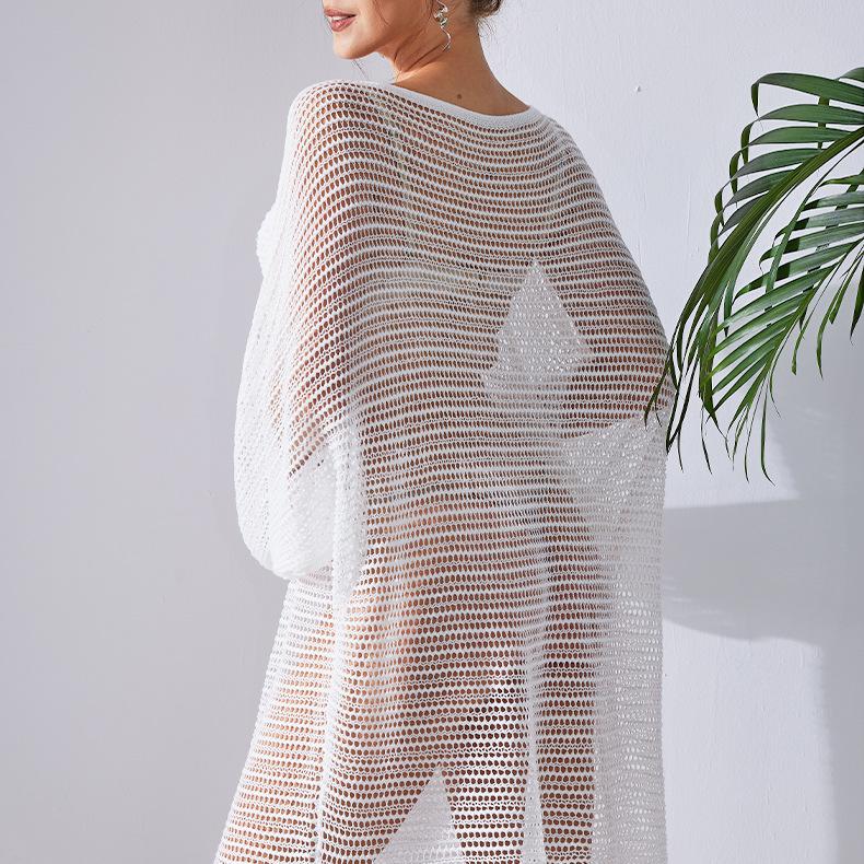 Europäischer und Amerikanischer Stil Frühling-Sommer Damen Strick Strand Cover-Up Lockeres Lochmuster-Design mit Großem Rocksaum Strand Sonnenschutz Kleidung