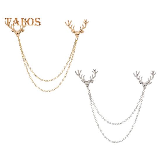 Men Lapel Pin Antler Decor Double Chains Anti-slip Dress-up Polished Suit Coat Collar Pin Coat Brooch Adult Clothes Hats Bags Jewelry