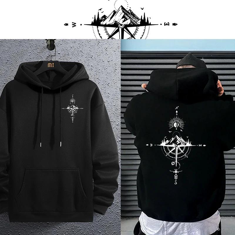Men's Hooded Sweatshirts High Quality Vintage Compass Print Hoodies All Season Men Daily Casual Sport Pullover Urban Fashion Top