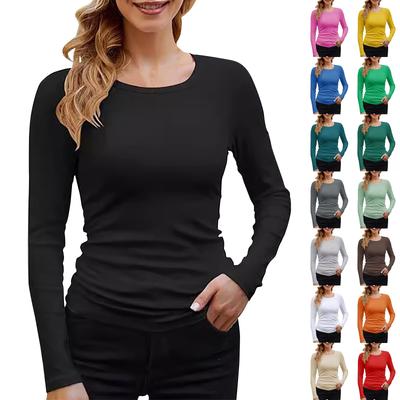 Women's Fashion Round Neck Ribbed Basic Colour Long Sleeve T-Shirt Top