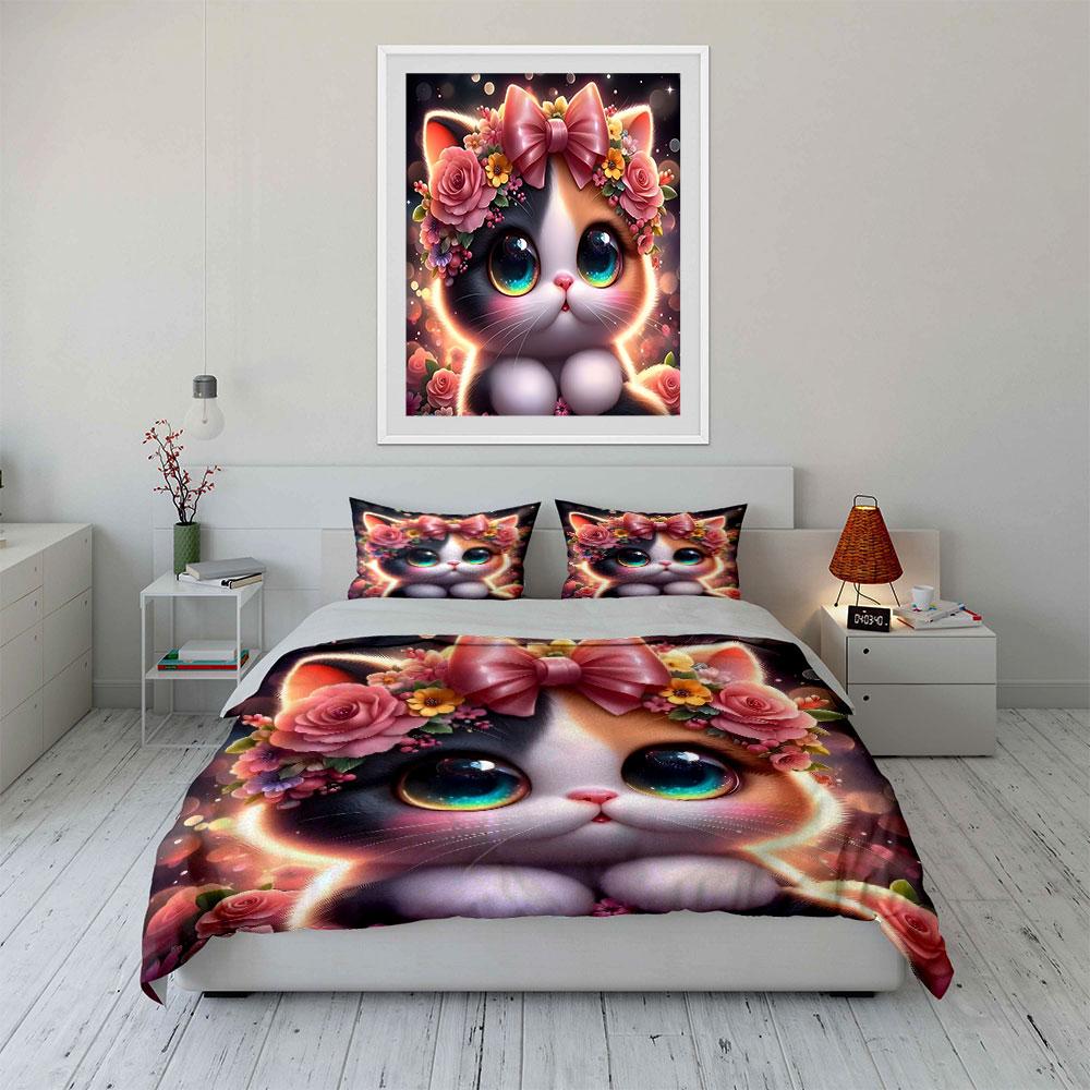 Cute Cat with Floral Crown Bedding Duvet Cover Set (1*Duvet Cover 2*Pillowcases, Without Duvet Insert)