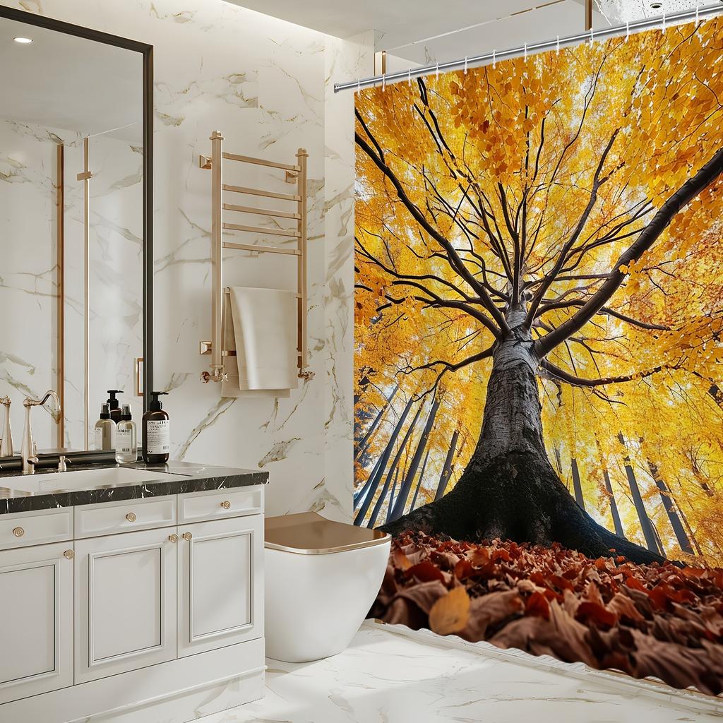 Golden Autumn Tree Bath Curtain - Vibrant Leaves & Majestic Forest,Waterproof Home Decor Adds Warmth And Beauty To Your Bathroom
