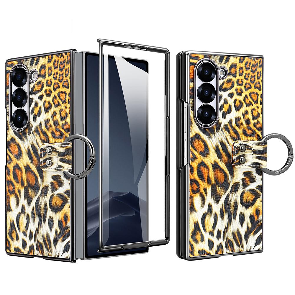 For Samsung Galaxy Z Fold6 5G Case Leopard Pattern PU PC Phone Cover with Tempered Glass Film/Ring Holder