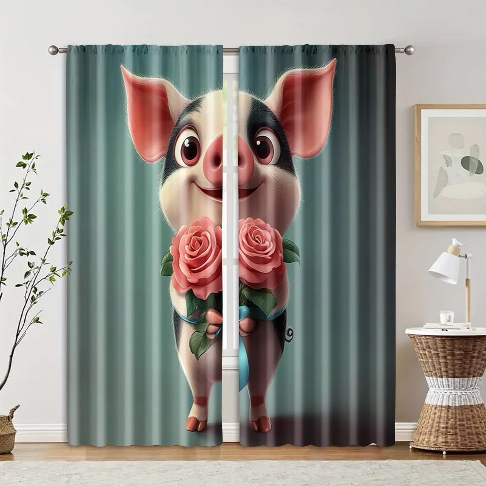 

Set Of 2 Filtering Curtains Excluding Rods Non Movable Without Batteries Lovely Pig Roses Use Bedrooms Living Curtain For Sleeping Area Made Polyester W100*H70(CM)-Rod Pocket&1PCS