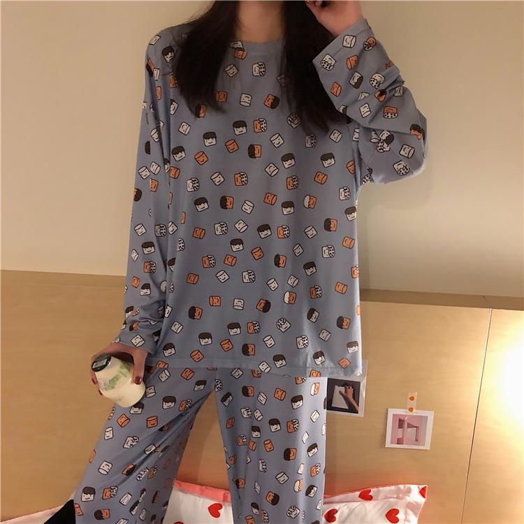 Women's Korean Smiley Face Cartoon Pajamas Set – Long-Sleeved Pullover & Trousers for Autumn/Winter