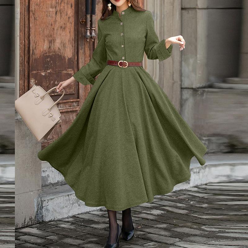 

ZANZEA Женское повседневное платье с длинными рукавами и воротником-стойкой, полностью расклешенное 5XL зелёный