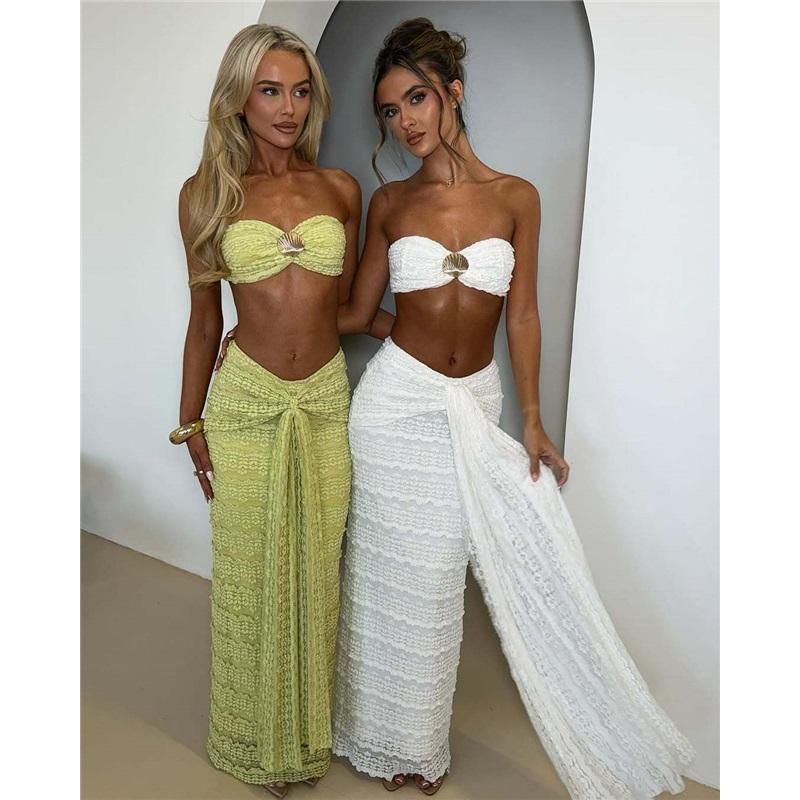 Lace Jacquard Vacation Seaside Casual Sexy Cool Solid Color Swimsuit Sleeveless Two-piece Suit