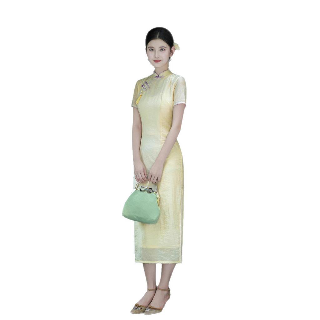 Bright yellow and white cheongsam girl young 1011 early autumn new Chinese style improved slim and thin cheongsam skirt