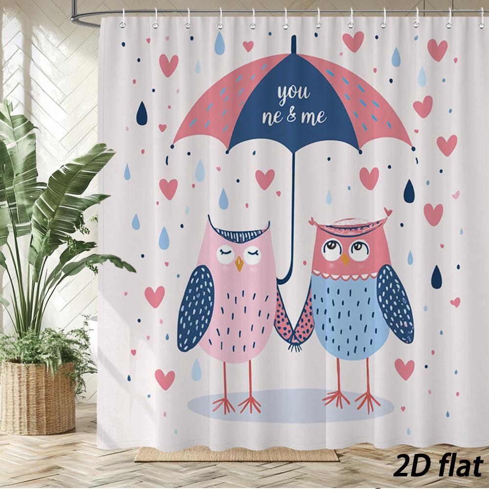 

Cute Owl Love Shower Curtain – You & Me Umbrella Hearts Design, 2D Flat Polyester Bathroom Decor, 70.8X70.8 Inch, 12 Hooks W60H190(CM)-1 Pcs