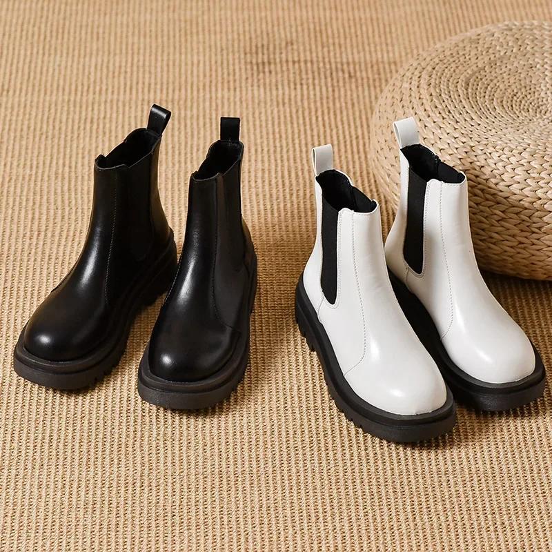 Fashion Ankle Boots for Women New Spring Autumn Thick Bottom Women's White Black Boots Casual Pu Leather Slip on Chelsea Short Botas