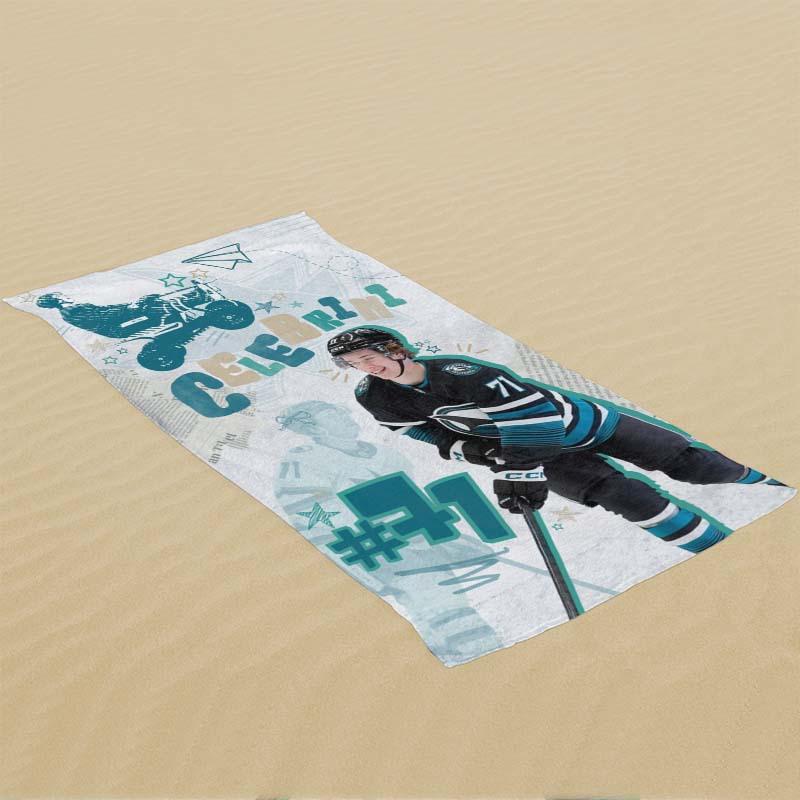 1PC Ice Hockey Star Macklin Celebrini Beach Towel, Quick Dry Soft Polyester Towel, Lightweight Absorbent Towel for Sports Fans,