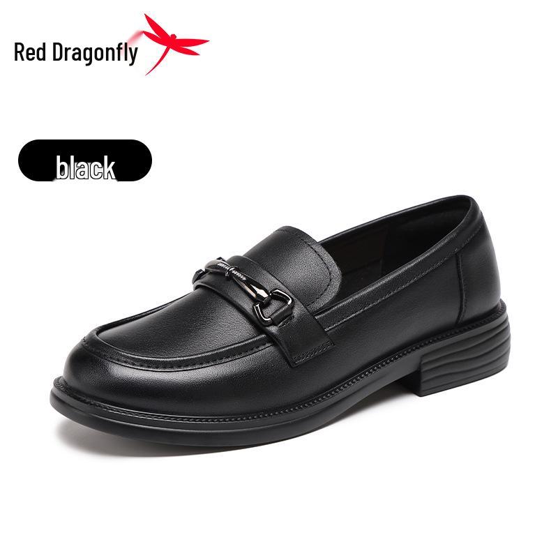 Red Dragonfly Women's Chunky Heel Loafers: Spring/Autumn Black Leather Shoes with Thick Soft Sole for Comfortable Wear