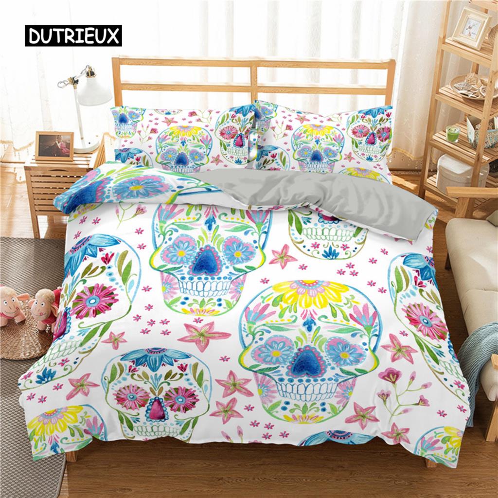 Sugar Skull King Queen Duvet Cover Cartoon Skeleton Blue Car Bedding Set for Teens Adults Halloween Day of The Dead Quilt Cover