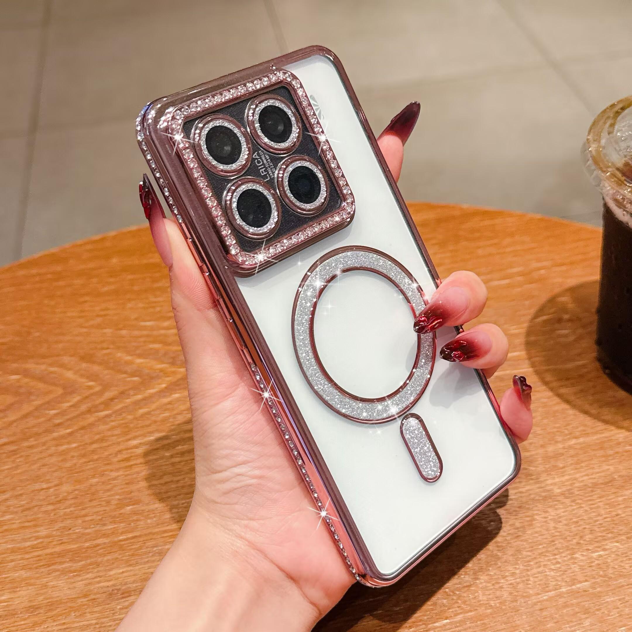 

Clear Bling Crystal Phone Case For Redmi Note 14 pro plus 5G Xiaomi 14T Pro Magsafe Magnetic Wireless Charging Lens Film Cover For Xiaomi 14T 5G розовый