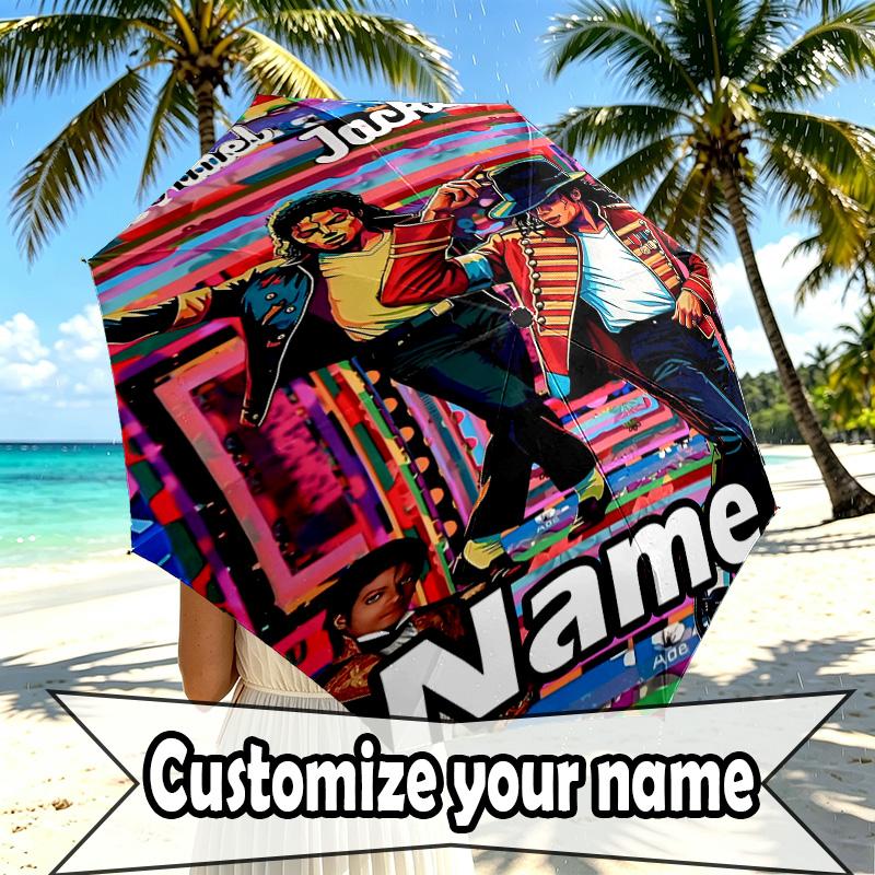 Custom Name Personalized Michael Jackson Print Umbrella, Auto Open Close, 8‑Rib Sturdy Frame, Commute Camping Hiking Use, Birthday Gift