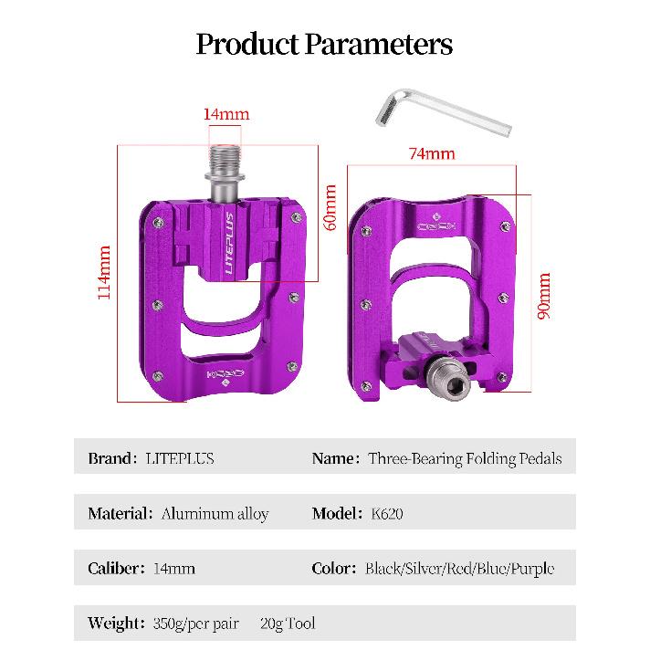 Pedal Plegable Ultraligero Liteplus K620 para Bicicleta, Aleación de Aluminio, 3 Rodamientos, Pedales Antideslizantes Doble Cara para Pedal de Bicicleta Brompton