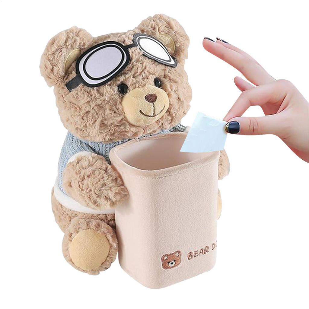 Cute Bear Tissue Holder Trash Can 2-in-1 Car Trash Can & Tissue Box Soft Plush Car Tissue Box Cute and Creative Car Armrest Box