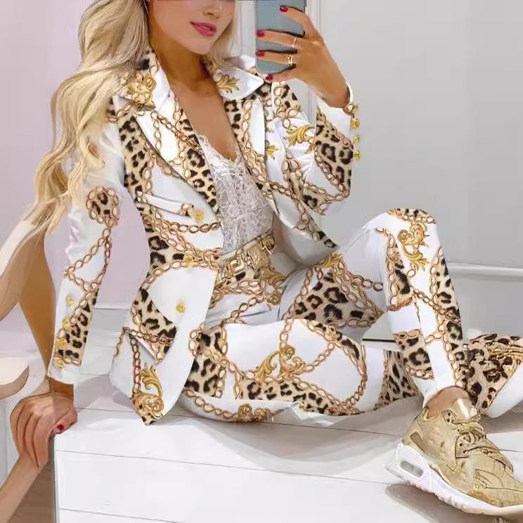 Spring Autumn Fahsion Blazers Pant Sets Casual Long Sleeve Print Coat And Pencil Pant Two Piece Set Office Elegant Suits Women