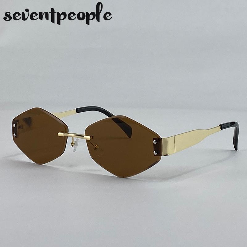 Rimless Small Polygon Sunglasses Women  Luxury Brand Trendy Frameless Hexagon Sunglass For Ladies Fashion Metal Frame Shades