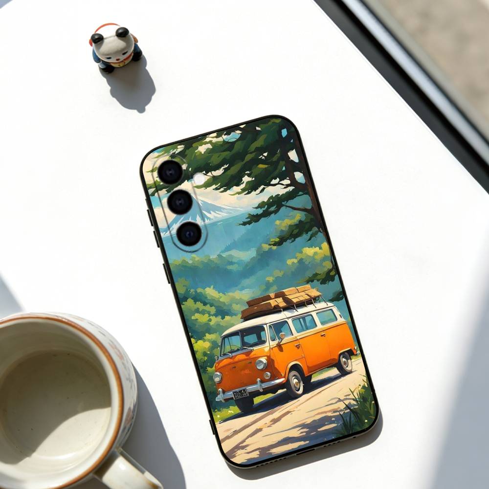 

Travel Landscape Bus Phone Case Black Silicone Soft For Samsung Galaxy A73,A72,A71,A70,A53,A52,A51 Samsung a50 30s 50s