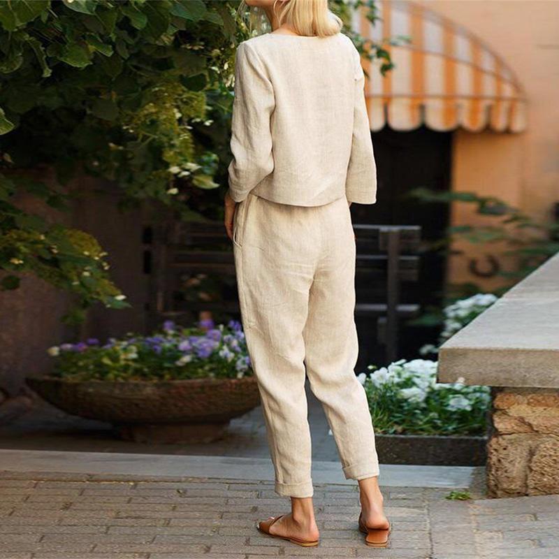 

Женская повседневная блузка и брюки, хлопковый комплект из двух предметов, однотонная свободная женская одежда XXXL бежевый