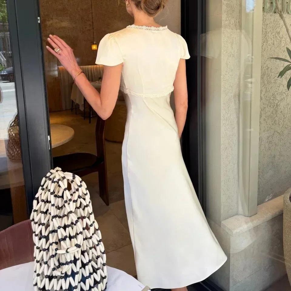 Women Elegant Satin Lace Trim Midi Dress Solid Lace Patchwork Short Sleeve V-neck Summer Dresses Summer New Holiday Robes