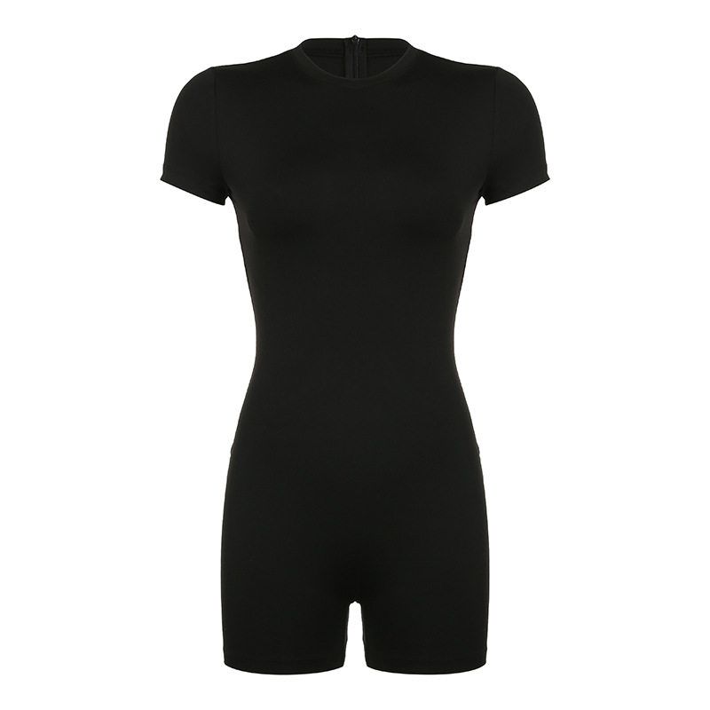 

Fashion Casual Exercise Women s Clothing Fashion Style Pure Color Basic Fitness Short Sleeve One-Piece Trousers round Neck Tight One-Piece Shorts Black S