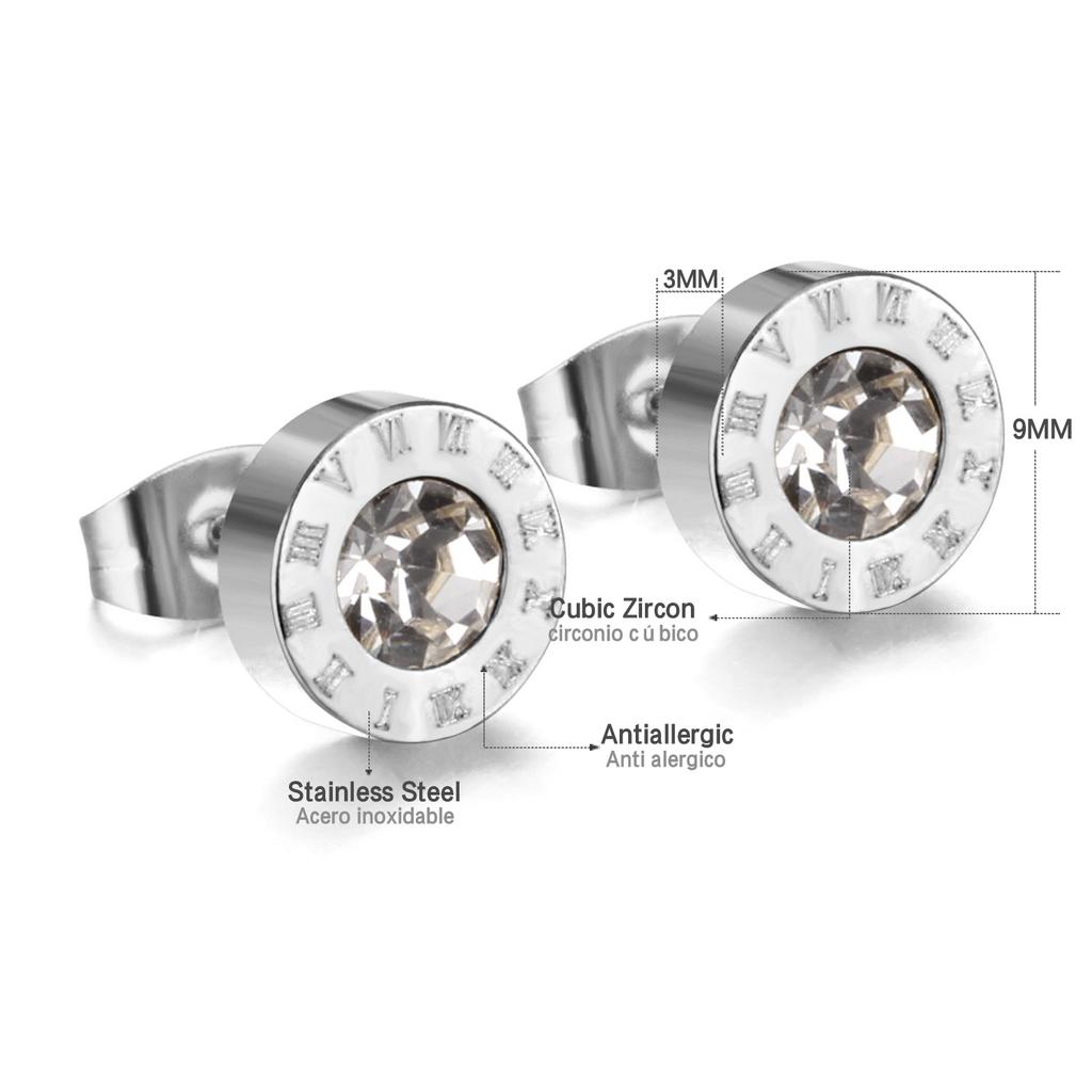 Stainless Steel Acrylic Crystal Stud Earrings for Women Men Punk Roman Number Clear Black CZ Bling Fashion Ear Jewelry