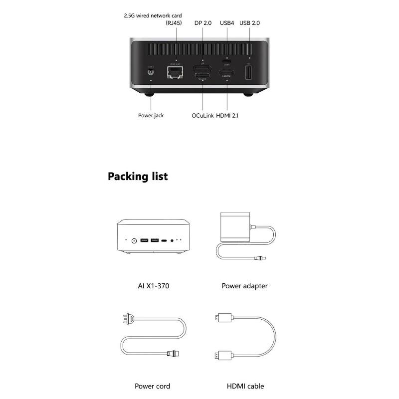 MINISFORUM AI X1 370  Mini PC AMD Ryzen AI 9 HX 370 96GB DDR5 2TB WiFi 7 Dual 2.5G LAN Copilot AI 135W Adapter Office PC Gaming