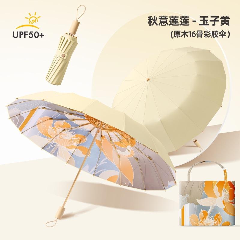 Spot three-fold retro color glue printed 16-bone parasol female weather and rain dual-purpose anti-ultraviolet folding sun umbrella