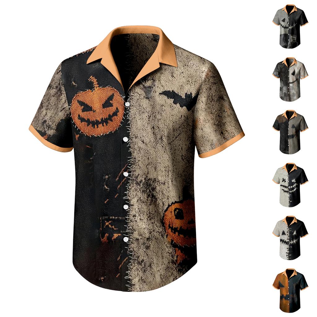 Men's Casual Short Sleeve Halloween Print Shirt for Holiday Party Wear