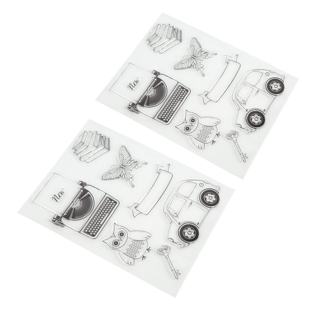 2Pcs Transparent Briefmarken Klar Impressum Schreibmaschine Auto Eule Muster Silikon Klar Briefmarken Dichtungen fo