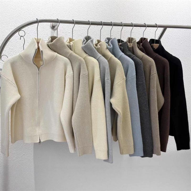 Double zipper knitted cardigan top autumn and winter new solid color loose soft waxy lazy sweater jacket women