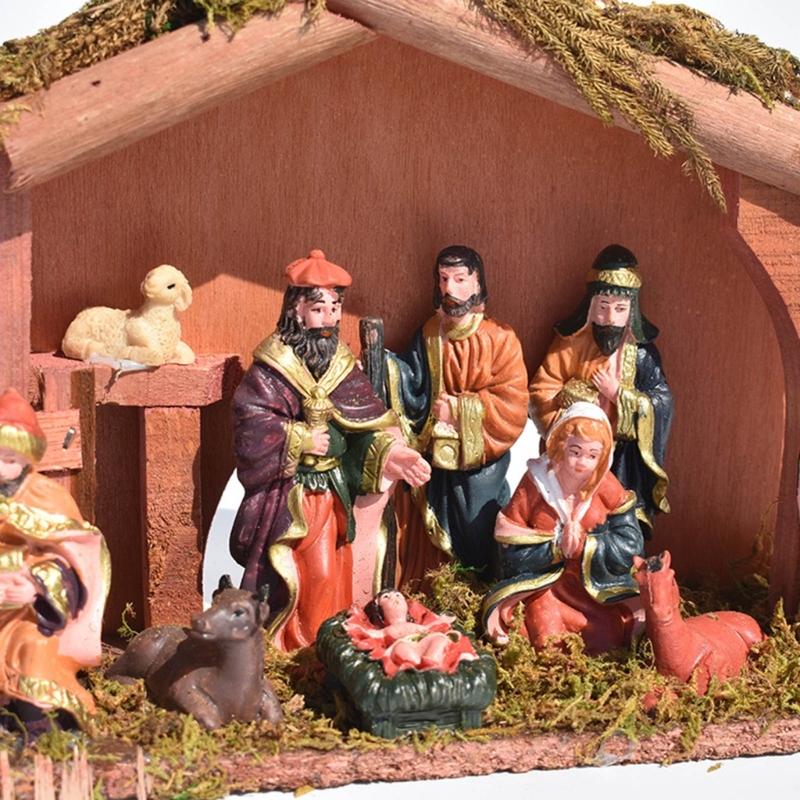 Permanent Religious Birth Manger Display With Oaken Stable And Rosin Figures