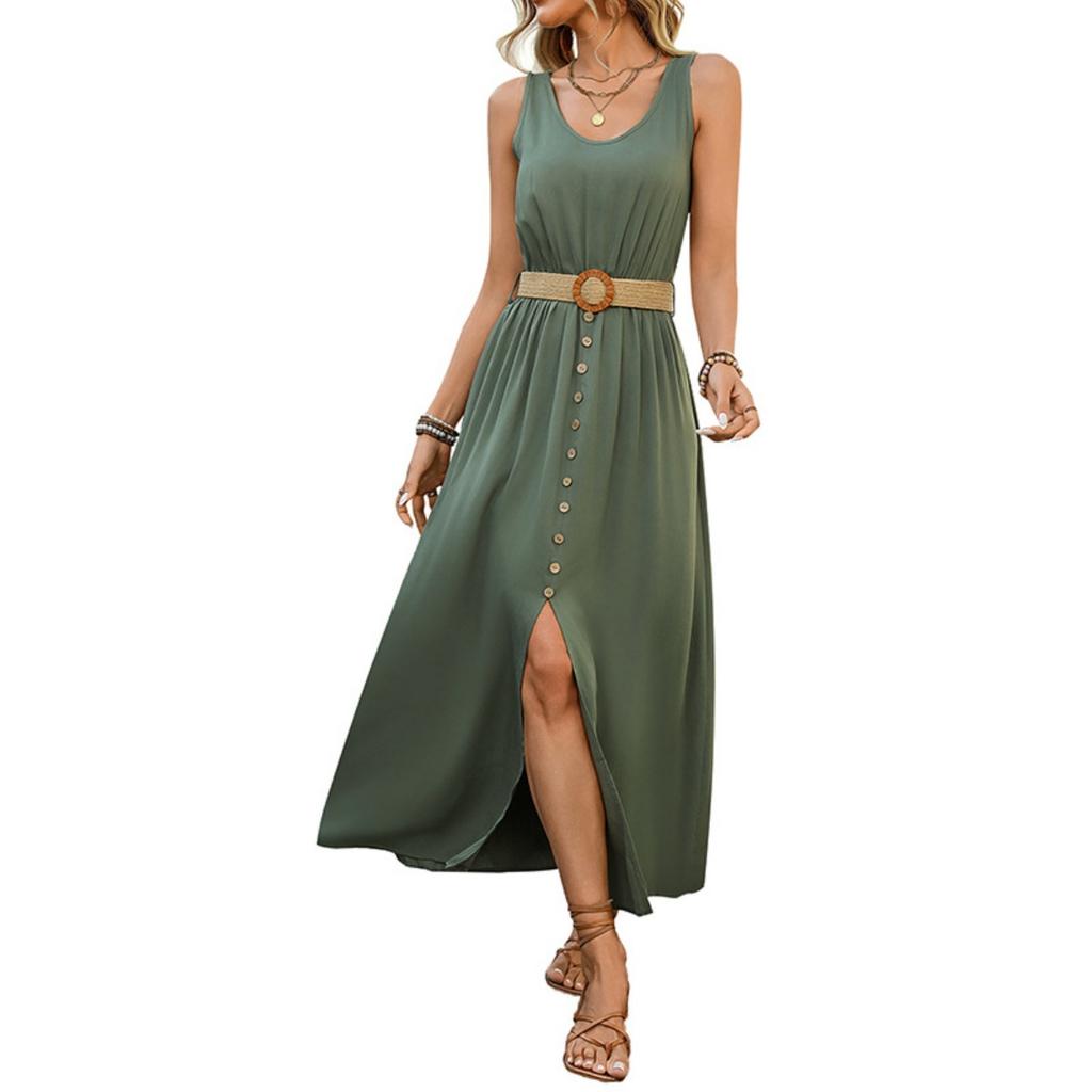 Sommer einfarbig ärmellos V-Ausschnitt lässiges Kleid, europäischer amerikanischer Stil minimalistisches Strandurlaubskleid für Damen