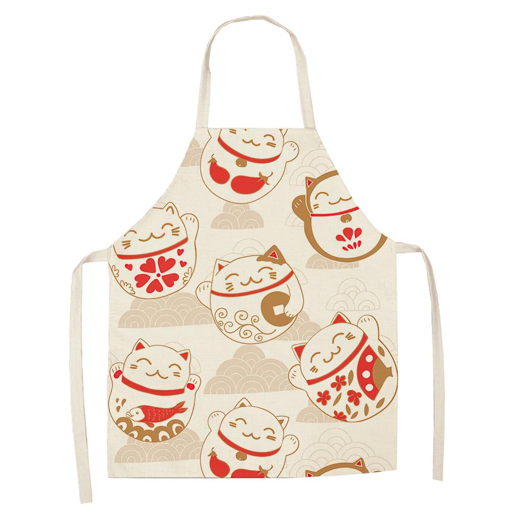 Cotton and Linen Apron Japanese Cartoon Lucky Cat Cooking Sleeveless Bib Waterproof Anti-greasy Kitchen Supplies Chef Apron