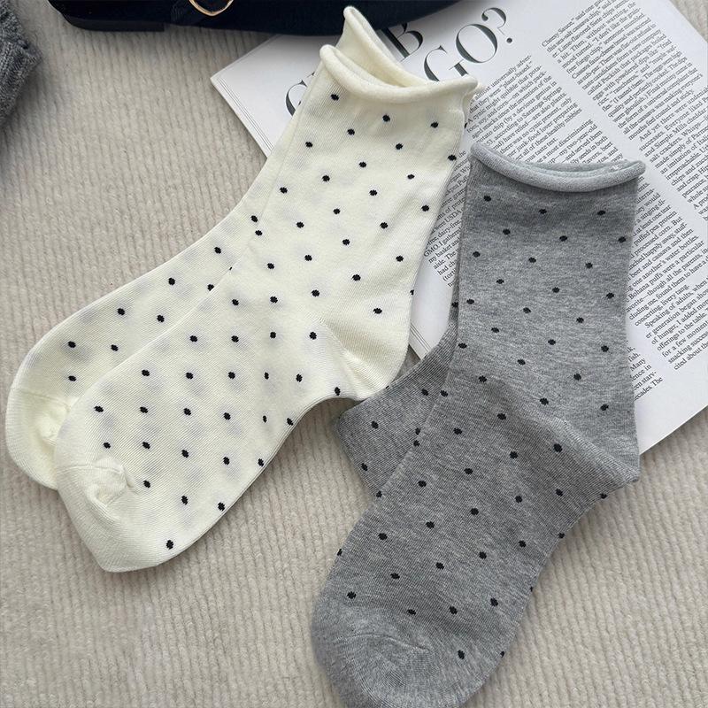 Women's Mid-Calf Rolled Hem Polka Dot Cotton Socks, Breathable & Anti-Odor, Japanese Style.