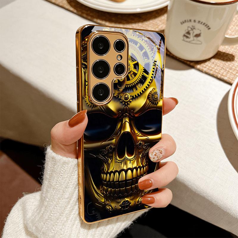 Clock Gear Skull Electroplated Golden Phone Case For Samsung Galaxy S25 S24 S26 S23 S22 S21 S20 Ultra Plus FE S26+ Glass Cover