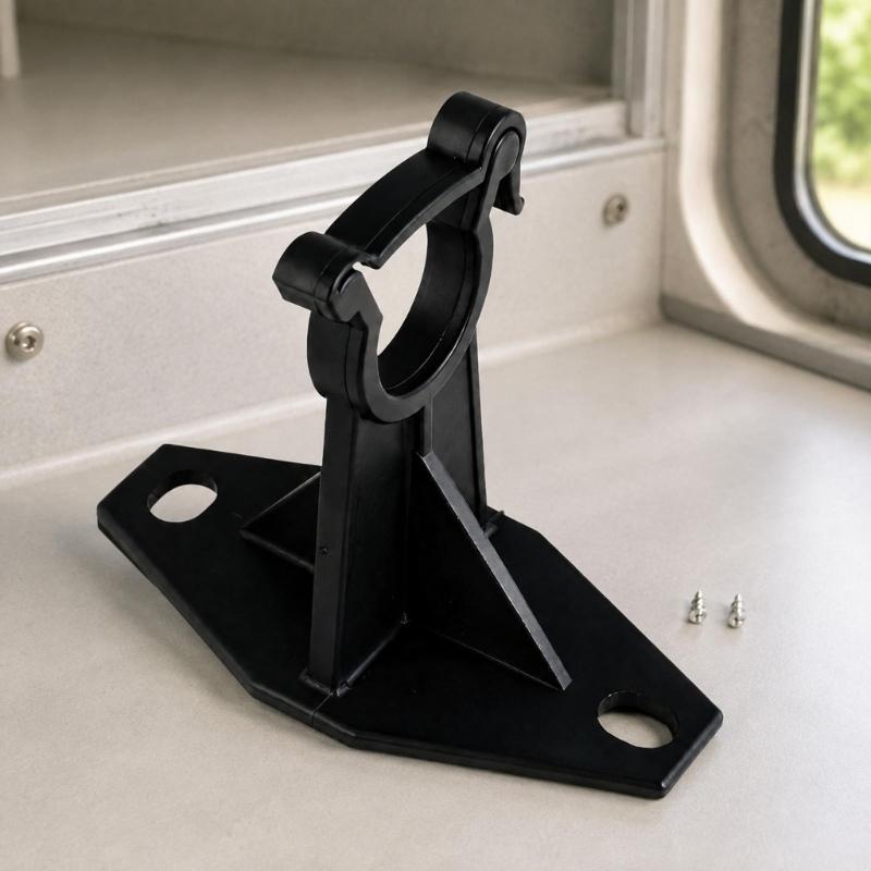 Hinged Clamp Gas Regulator Bracket, Black Nylon Mount with Snap Closure and Screw Base for Recreational Vehicle Cabinet Panel Installation