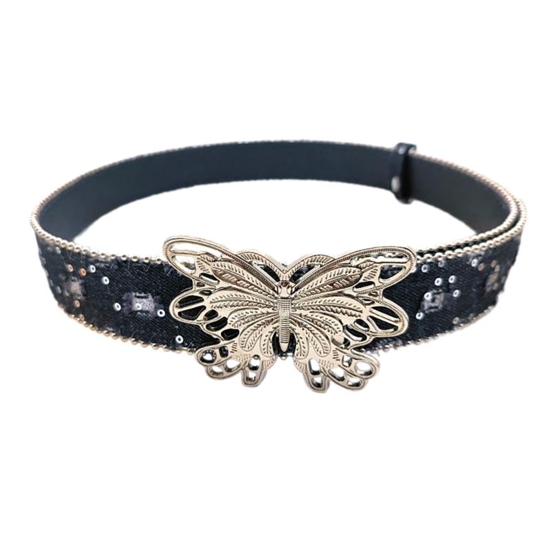 

Distressed Fabric Belt for Women Elegant Hollowout Butterfly Buckle Waist Belt for Pants Lady Decorative Waist Strap