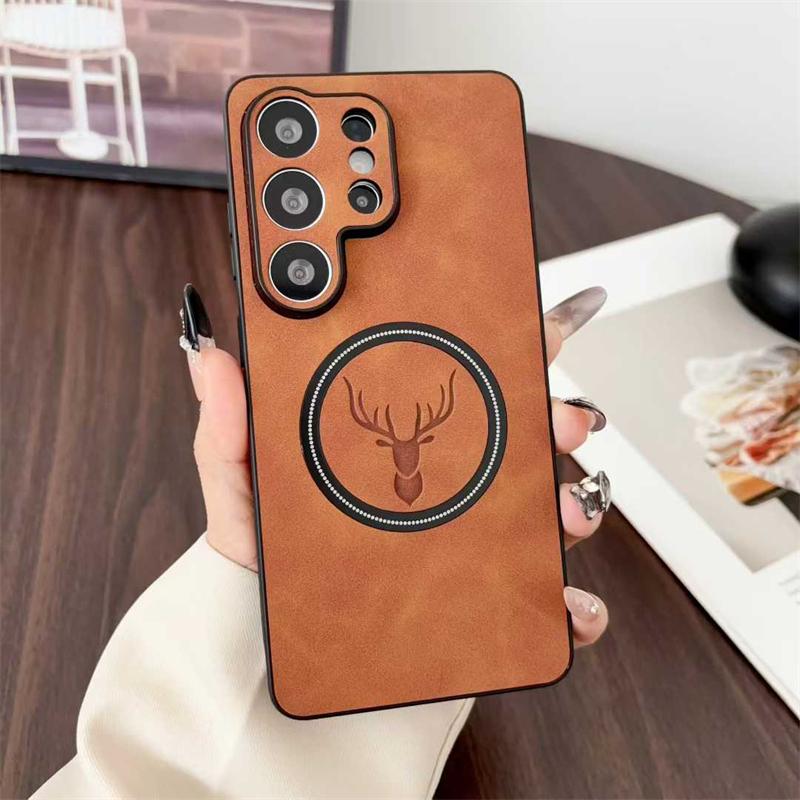 PU Leather Deer Head Magnetic Case for Samsung Galaxy S26 Ultra S25 Fe S23 S22 Plus S26+ Magsafe Mac Safe Shockproof Phone Cover