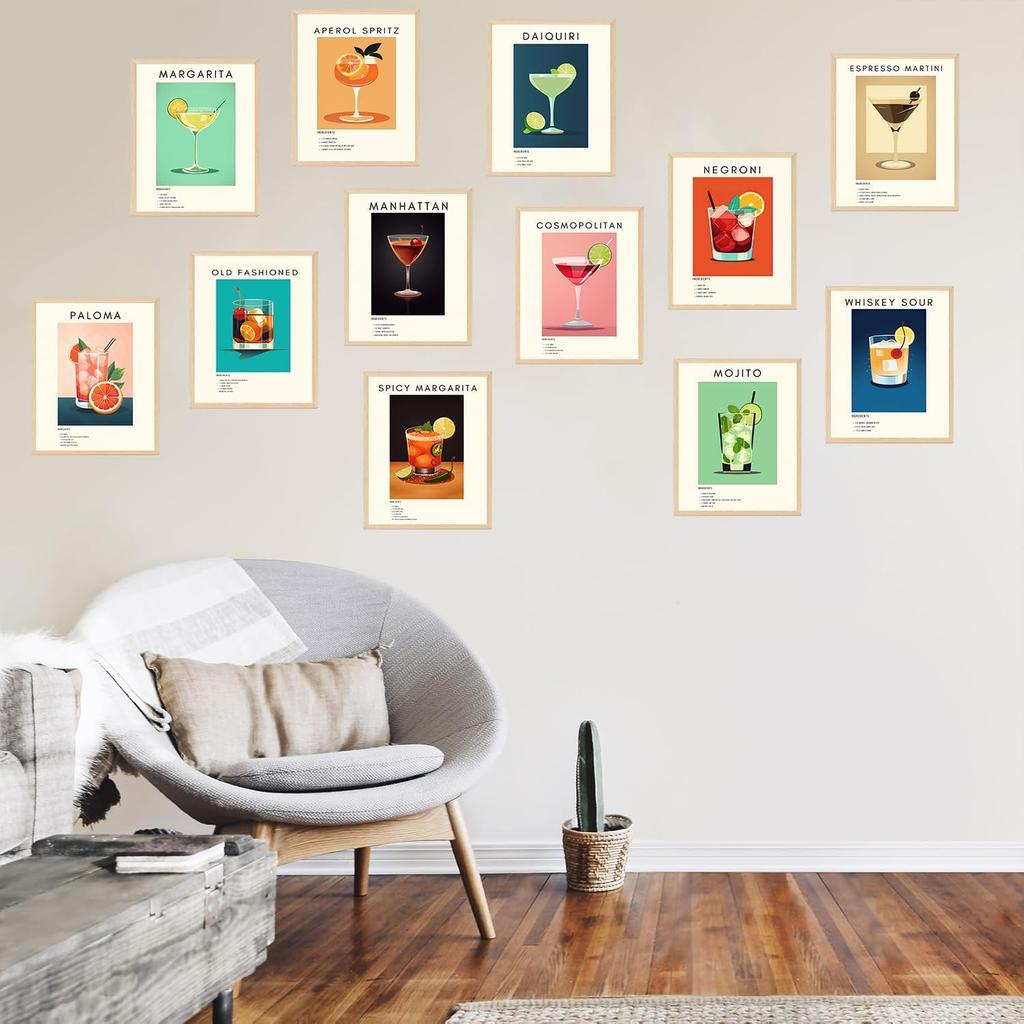 TRAMIN 12pcs Vintage Cocktail Poster, Retro Cocktail Wall Art, Bar Cart Accessories and Decor, Funky Drink Aesthetic Pictures, Colorful Preppy Bar