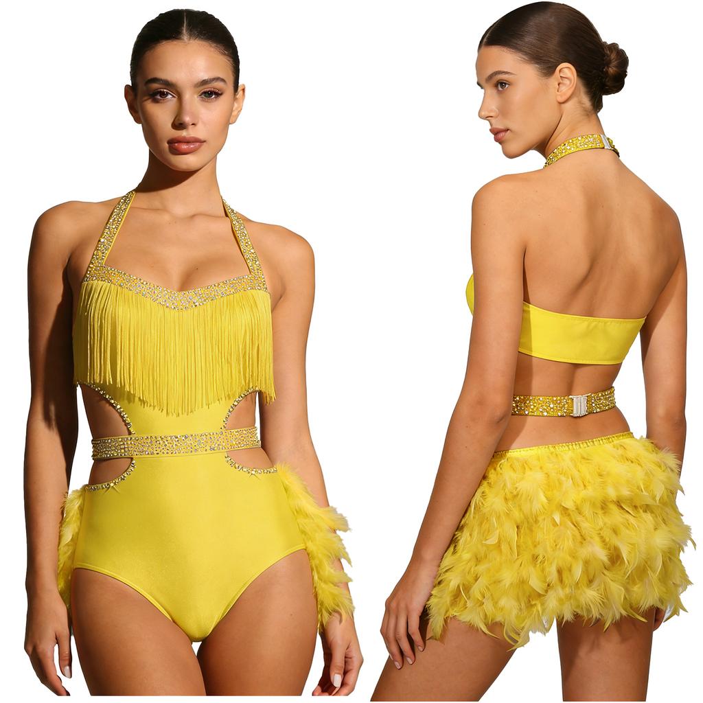 Damen Funkelnde Strass Tanz Bodysuit Kunstfeder Akzente Neckholder Rückenfrei Ärmellos Leotard Latein Kostüm