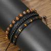 3Pcs/Set Beaded Men Bracelet Braided Rope Brass 4mm Natural Onyx Tiger Eye Stone Adjustable Male Charms Wrist Jewelry Pulseria