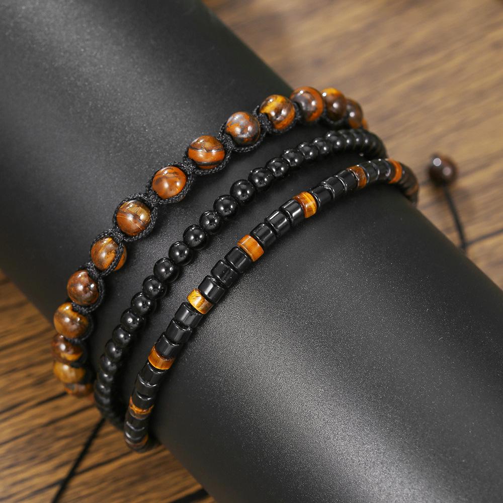 3Pcs/Set Beaded Men Bracelet Braided Rope Brass 4mm Natural Onyx Tiger Eye Stone Adjustable Male Charms Wrist Jewelry Pulseria
